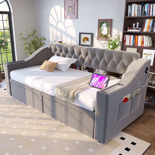 Lit Enfant 90x190 Cm, Tiroirs De Rangement Et Accoudoirs Compartimentés, Tissu Velours, Gris Clair