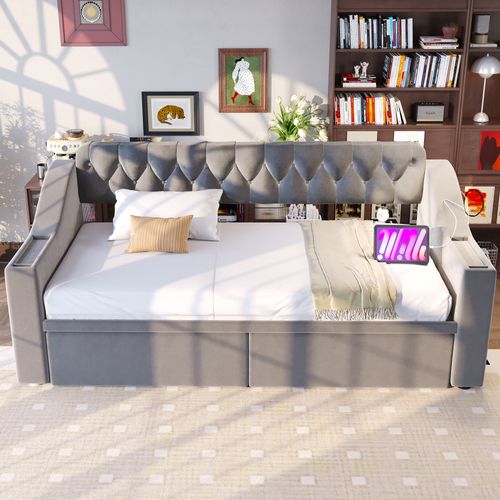 Lit Enfant 90x190 Cm, Tiroirs De Rangement Et Accoudoirs Compartimentés, Tissu Velours, Gris Clair