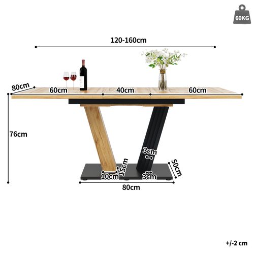 Table Extensible 120/160x80x76cm, Plateau Mdf, Métal, Effet Bois, Pieds En Forme D'ailes, Bois+noir