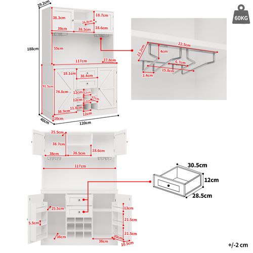 Buffet Haut De Cuisine 120x40x188 Cm, 4 Portes, Espace Vin, Étagères Réglables, Mdf, Métal, Blanc