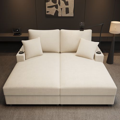 Canapé Convertible 163x140x82 Cm, Fonction Relaxation Et Ports USB, Velours Côtelé Beige