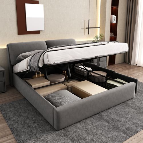 Lit Coffre 160x200 Cm, 3 Tiroirs, Rangement Caché, Tête De Lit Ajustable, Velours, Gris