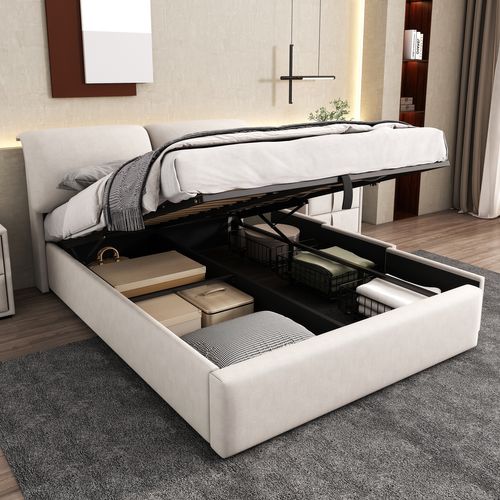 Lit Coffre 140x190 Cm, Lit Double, Rangement Caché, 3 Tiroirs, Velours, Métal, Bois, Beige