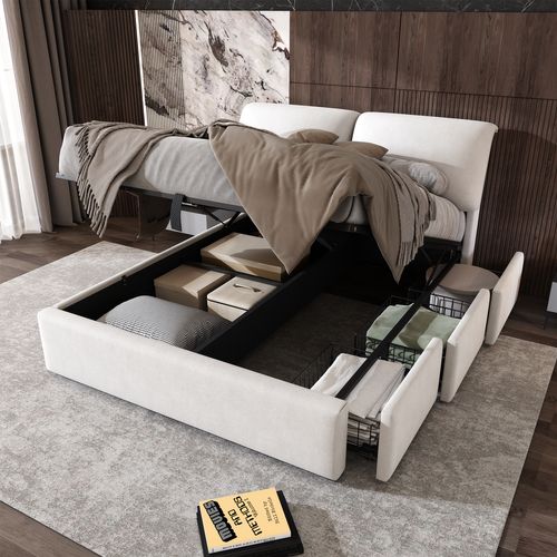 Lit Coffre 140x190 Cm, Lit Double, Rangement Caché, 3 Tiroirs, Velours, Métal, Bois, Beige