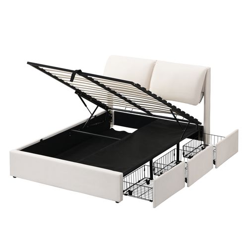 Lit Coffre 140x190 Cm, Lit Double, Rangement Caché, 3 Tiroirs, Velours, Métal, Bois, Beige