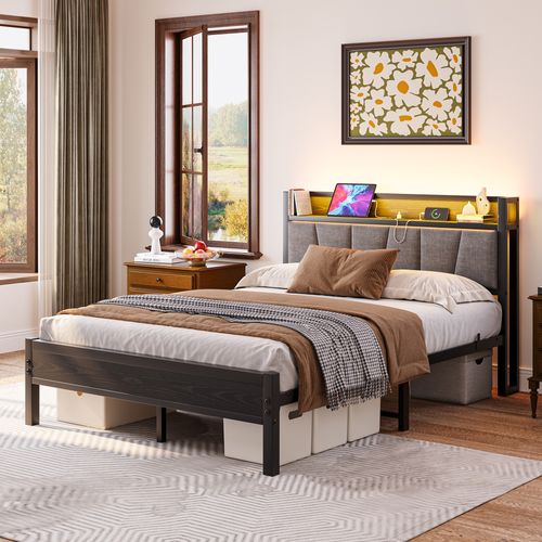 Lit Adulte140x190 Cm, Tête Haute Avec LED Et Station De Charge, Métal Et Mdf, Couleur Noir