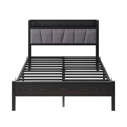 Lit Adulte140x190 Cm, Tête Haute Avec LED Et Station De Charge, Métal Et Mdf, Couleur Noir