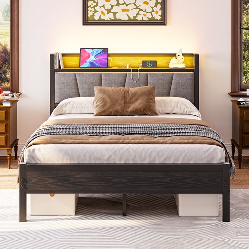 Lit Adulte140x190 Cm, Tête Haute Avec LED Et Station De Charge, Métal Et Mdf, Couleur Noir