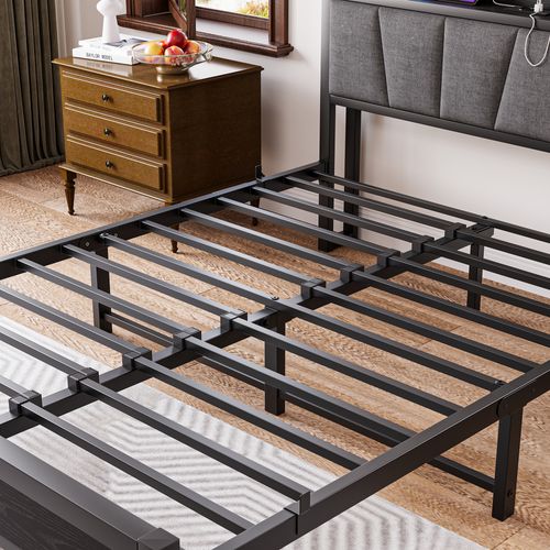 Lit Adulte140x190 Cm, Tête Haute Avec LED Et Station De Charge, Métal Et Mdf, Couleur Noir