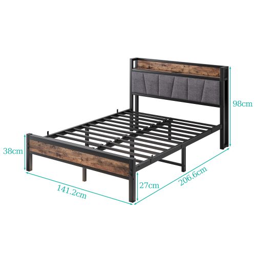 Lit Adulte 140x190 Cm, Tête De Lit Avec Rangement Et LED, Métal Et Mdf, USB, Brun