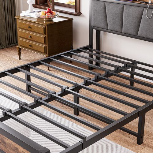 Lit Adulte 140x190 Cm, Tête De Lit Avec Rangement Et LED, Métal Et Mdf, USB, Brun