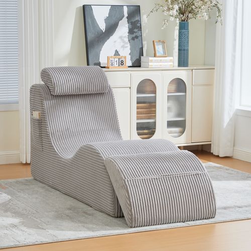 Fauteuil 160x66x90 Cm, Design Unique Ergonomique Avec Poche Latérale, Velours Côtelé, Gris Clair