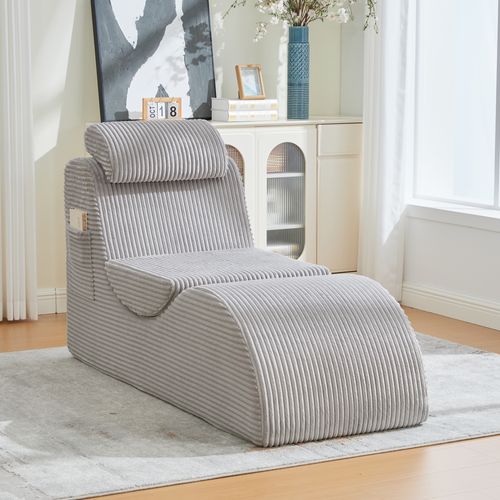 Fauteuil 160x66x90 Cm, Design Unique Ergonomique Avec Poche Latérale, Velours Côtelé, Gris Clair