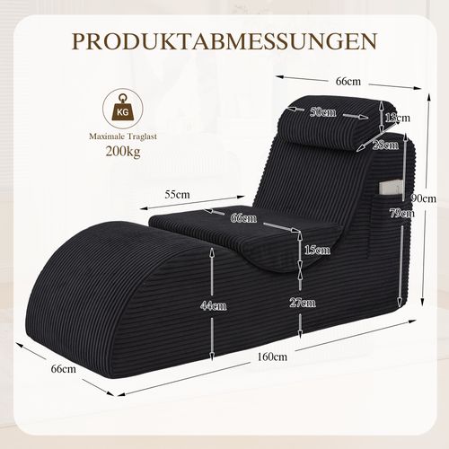 Fauteuil 160x66x90 Cm, Ergonomique Avec Coussin Amovible, Revêtement En Velours Côtelé, Noir