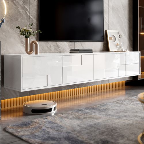 Meuble TV 170x30x30,5 Cm, Montage Mural Ou Posé, Design Sans Poignée, Mdf, Pb, Blanc