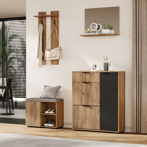 Meuble D'entrée 140x35x139 Cm, Banc Chaussures Avec Miroir, Panneau De Particules, Couleur Bois+noir