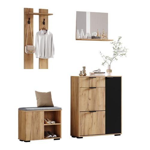 Meuble D'entrée 140x35x139 Cm, Banc Chaussures Avec Miroir, Panneau De Particules, Couleur Bois+noir