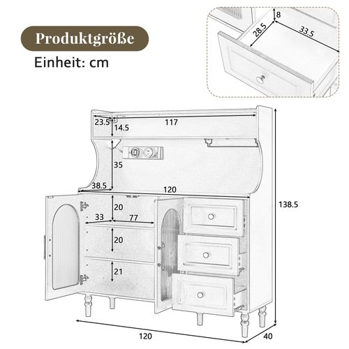 Buffet De Cuisine 120x40x138,5cm, Prises, Porte Verres, 3 Tiroirs, 2 Portes, Mdf, Blanc+doré