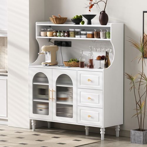 Buffet De Cuisine 120x40x138,5cm, Prises, Porte Verres, 3 Tiroirs, 2 Portes, Mdf, Blanc+doré