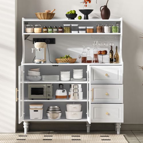 Buffet De Cuisine 120x40x138,5cm, Prises, Porte Verres, 3 Tiroirs, 2 Portes, Mdf, Blanc+doré