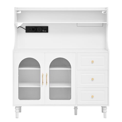 Buffet De Cuisine 120x40x138,5cm, Prises, Porte Verres, 3 Tiroirs, 2 Portes, Mdf, Blanc+doré