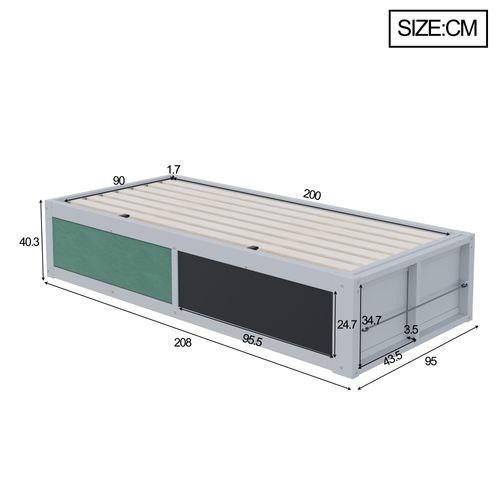Lit Coffre 90x200 Cm, Rangements Cachés, Étagère Latérale Modulable, Bois, Mdf, Gris