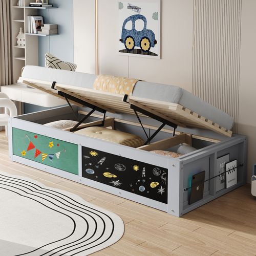 Lit Coffre 90x200 Cm, Rangements Cachés, Étagère Latérale Modulable, Bois, Mdf, Gris