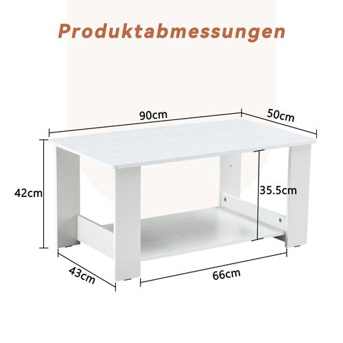 Table Basse Rectangulaire 90x50x42 Cm, 2 Niveaux De Rangement Ouvert, Mdf, Blanche