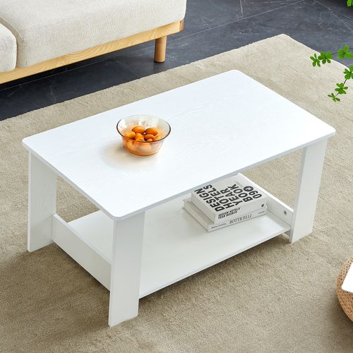 Table Basse Rectangulaire 90x50x42 Cm, 2 Niveaux De Rangement Ouvert, Mdf, Blanche