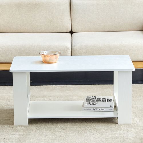 Table Basse Rectangulaire 90x50x42 Cm, 2 Niveaux De Rangement Ouvert, Mdf, Blanche