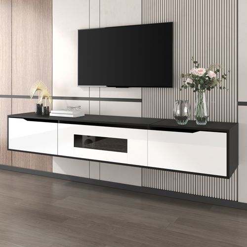 Meuble TV 180x35x30 Cm, LED Multicolore, USB, Design Moderne, Mdf, Panneau De Particules, Noir+blanc