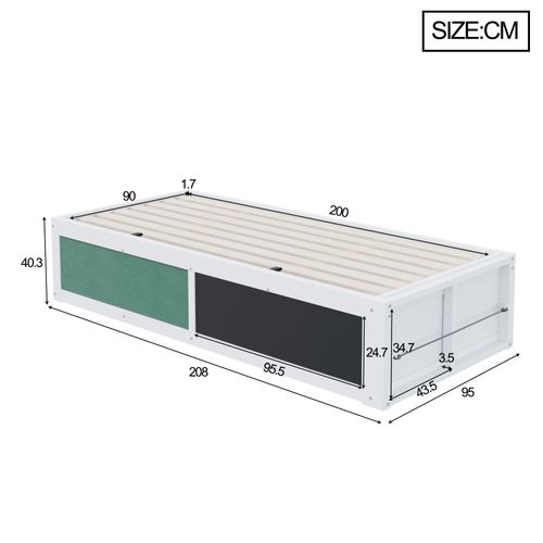 Lit Coffre 90x200 Cm, Rangements Cachés, Ardoise Et Feutre, Étagère Latérale, Bois, Mdf, Blanc