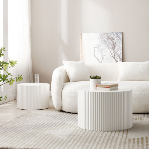 Lot De 2 Tables Basses Rondes 60x60x40+48x48x35 Cm, Design Gigogne, Mdf, Blanc Mat