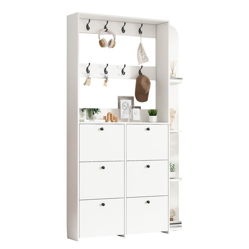 Meuble D'entrée 120x24x200 Cm, Portemanteau 8 Crochets Et 6 Abattants à Chaussures, Pb, Blanc