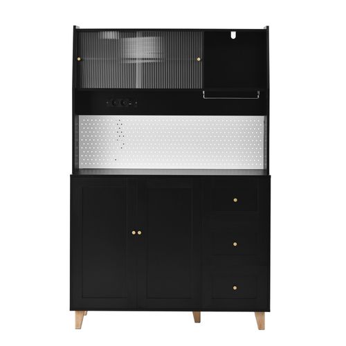 Buffet De Cuisine 120x40x184cm, Prises,porte-verres, 3 Tiroirs, 2 Portes, Mdf, Noir+doré