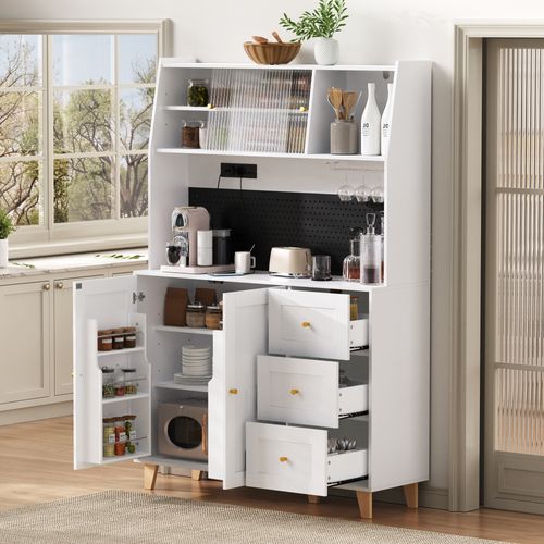 Buffet De Cuisine 120x40x184cm, Porte En Verre Cannelé, Prises, 3 Tiroirs, 2 Portes, Mdf, Blanc+doré