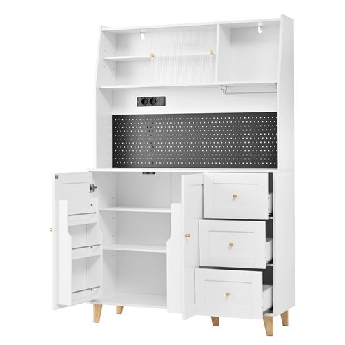 Buffet De Cuisine 120x40x184cm, Porte En Verre Cannelé, Prises, 3 Tiroirs, 2 Portes, Mdf, Blanc+doré