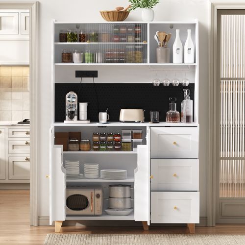 Buffet De Cuisine 120x40x184cm, Porte En Verre Cannelé, Prises, 3 Tiroirs, 2 Portes, Mdf, Blanc+doré