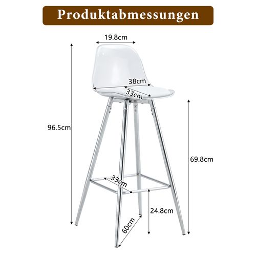Lot De 2 Tabourets De Bar 38x33x96.5 Cm, Dossier Transparent, Métal, Plastique, Argent, Transparent