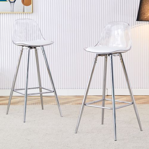 Lot De 2 Tabourets De Bar 38x33x96.5 Cm, Dossier Transparent, Métal, Plastique, Argent, Transparent