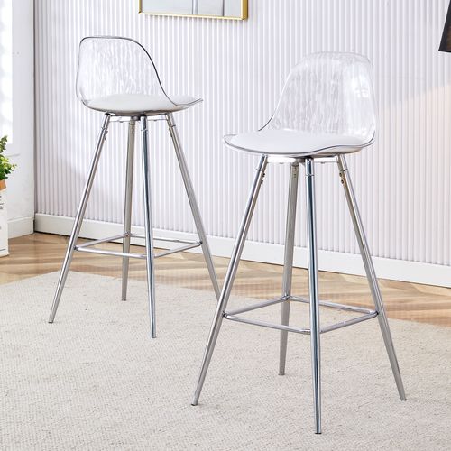 Lot De 2 Tabourets De Bar 38x33x96.5 Cm, Dossier Transparent, Métal, Plastique, Argent, Transparent