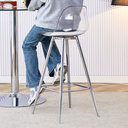 Lot De 2 Tabourets De Bar 38x33x96.5 Cm, Dossier Transparent, Métal, Plastique, Argent, Transparent
