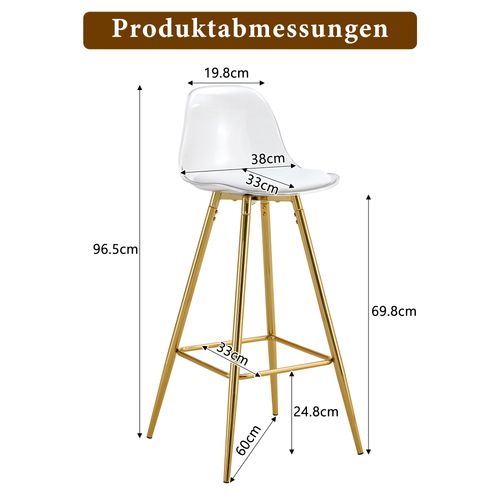 Lot De 2 Tabourets De Bar 38x33x96.5 Cm, Métal Doré, Dossier Et Assise Plastique Transparente