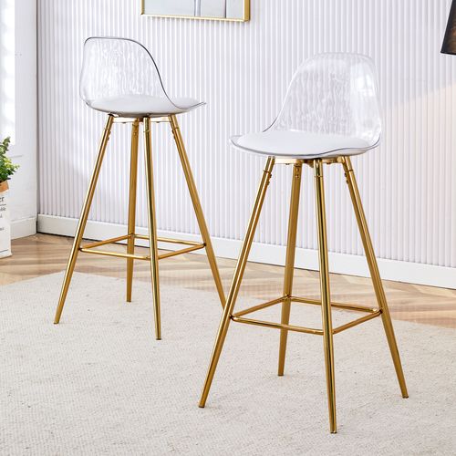 Lot De 2 Tabourets De Bar 38x33x96.5 Cm, Métal Doré, Dossier Et Assise Plastique Transparente