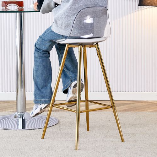 Lot De 2 Tabourets De Bar 38x33x96.5 Cm, Métal Doré, Dossier Et Assise Plastique Transparente