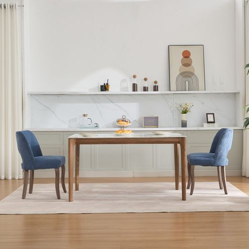 Lot De 2 Chaises De Salle à Manger, Dossier Ajoure, Tissu Chenille, Pieds Bois, Bleu