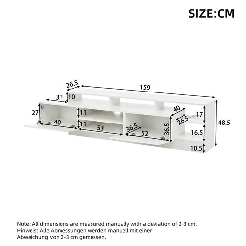 Meuble TV 190x40x48,5 Cm, Pour Écran Jusqu'à 70 Pouces, LED , En Panneau De Particules, Blanc