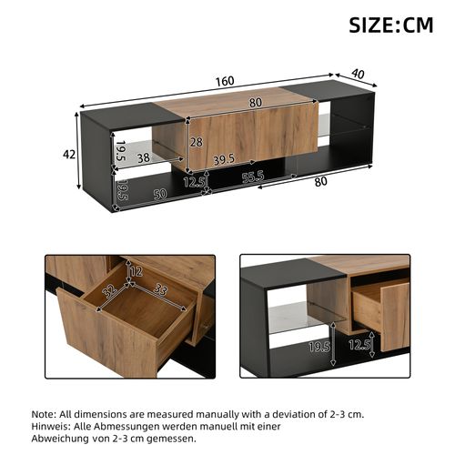 Meuble TV 160x40x42 Cm, 3 Niveaux LED 2 Tiroirs, Panneaux De Particules, Noir Et Bois Naturel
