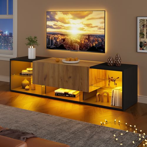Meuble TV 160x40x42 Cm, 3 Niveaux LED 2 Tiroirs, Panneaux De Particules, Noir Et Bois Naturel