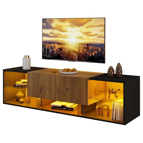 Meuble TV 160x40x42 Cm, 3 Niveaux LED 2 Tiroirs, Panneaux De Particules, Noir Et Bois Naturel